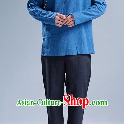 Traditional Top Chinese National Tang Suits Linen Frock Costume, Martial Arts Kung Fu Slant Opening Blue Jacket Shirt, Kung fu Jade Buckle Thin Upper Outer Garment Blouse, Chinese Taichi Thin Coats Wushu Clothing for Men