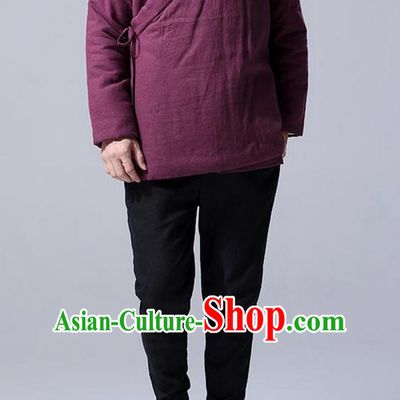 Traditional Top Chinese National Tang Suits Linen Costume, Martial Arts Kung Fu Slant Opening Fuchsia Coats, Kung fu Tying on Cotton-Padded Jacket, Chinese Taichi Cotton-Padded Short Coats Wushu Clothing for Men