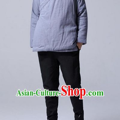 Traditional Top Chinese National Tang Suits Linen Costume, Martial Arts Kung Fu Slant Opening Grey Coats, Kung fu Tying on Cotton-Padded Jacket, Chinese Taichi Cotton-Padded Short Coats Wushu Clothing for Men