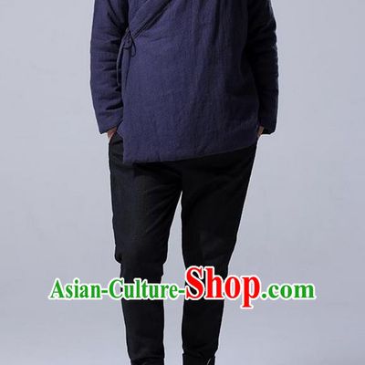 Traditional Top Chinese National Tang Suits Linen Costume, Martial Arts Kung Fu Slant Opening Navy Coats, Kung fu Tying on Cotton-Padded Jacket, Chinese Taichi Cotton-Padded Short Coats Wushu Clothing for Men