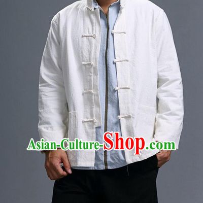 Traditional Top Chinese National Tang Suits Linen Costume, Martial Arts Kung Fu Front Opening Stand Collar White Coats, Kung fu Plate Buttons Jacket, Chinese Taichi Short Coats Wushu Clothing for Men
