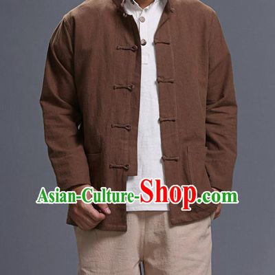 Traditional Top Chinese National Tang Suits Linen Costume, Martial Arts Kung Fu Front Opening Stand Collar Coffee Coats, Kung fu Plate Buttons Jacket, Chinese Taichi Short Coats Wushu Clothing for Men