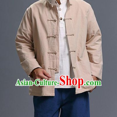 Traditional Top Chinese National Tang Suits Linen Costume, Martial Arts Kung Fu Front Opening Stand Collar Beige Coats, Kung fu Plate Buttons Jacket, Chinese Taichi Short Coats Wushu Clothing for Men