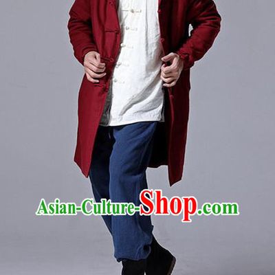 Traditional Top Chinese National Tang Suits Linen Costume, Martial Arts Kung Fu Front Opening Dark Red Add Wool Long Hooded Coats, Kung fu Plate Buttons Cotton-Padded Dust Coat, Chinese Taichi Coats Wushu Clothing for Men
