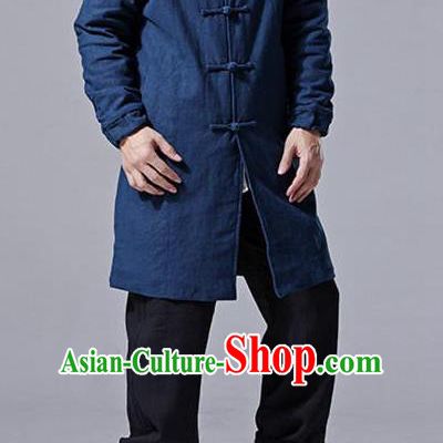 Traditional Top Chinese National Tang Suits Linen Costume, Martial Arts Kung Fu Front Opening Dark Navy Add Wool Long Hooded Coats, Kung fu Plate Buttons Cotton-Padded Dust Coat, Chinese Taichi Coats Wushu Clothing for Men