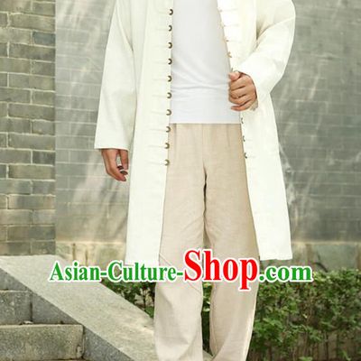 Traditional Top Chinese National Tang Suits Linen Costume, Martial Arts Kung Fu Front Opening White Long Coats, Kung fu Copper Buckle Jacket, Chinese Taichi Dust Coats Wushu Clothing for Men