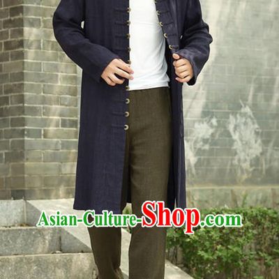 Traditional Top Chinese National Tang Suits Linen Costume, Martial Arts Kung Fu Front Opening Blue Long Coats, Kung fu Copper Buckle Jacket, Chinese Taichi Dust Coats Wushu Clothing for Men