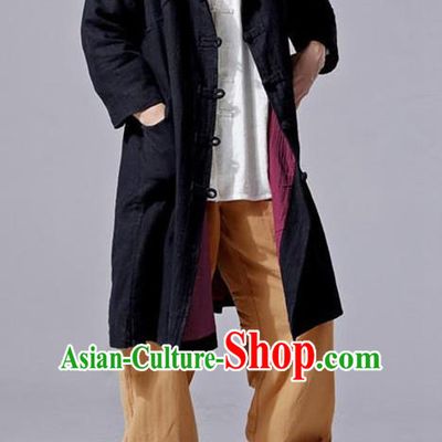 Traditional Top Chinese National Tang Suits Linen Costume, Martial Arts Kung Fu Front Opening Assorted Colors Long Hooded Coats, Kung fu Plate Buttons Dust Coat, Chinese Taichi Long Robe Wushu Clothing for Men