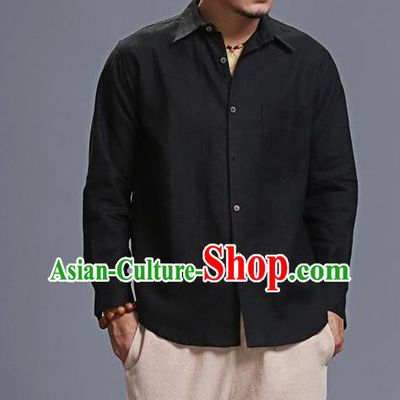 Traditional Top Chinese National Tang Suits Linen Costume, Martial Arts Kung Fu Chinese Black Shirt, Sun Yat Sen Suit Upper Outer Garment Blouse, Chinese Taichi Shirts Wushu Clothing for Men