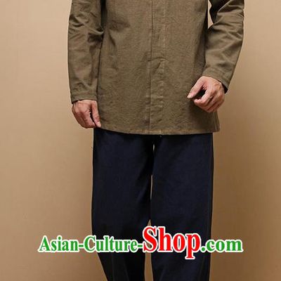 Traditional Top Chinese National Tang Suits Linen Frock Costume, Martial Arts Kung Fu Chinese Tunic Suit Brown Shirt, Sun Yat Sen Suit Thin Upper Outer Garment Blouse, Chinese Taichi Thin Shirts Wushu Clothing for Men