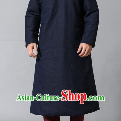 Traditional Top Chinese National Tang Suits Linen Frock Costume, Martial Arts Kung Fu Slant Opening Navy Hanfu Long Gown, Kung fu Plate Buttons Upper Outer Garment Coat, Chinese Taichi Cotton-Padded Robes Wushu Clothing for Men