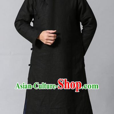 Traditional Top Chinese National Tang Suits Linen Frock Costume, Martial Arts Kung Fu Slant Opening Black Hanfu Long Gown, Kung fu Plate Buttons Upper Outer Garment Coat, Chinese Taichi Cotton-Padded Robes Wushu Clothing for Men