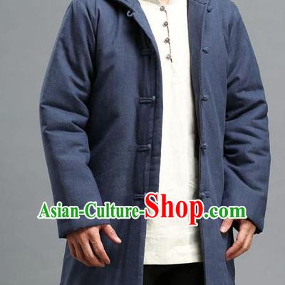Traditional Top Chinese National Tang Suits Linen Costume, Martial Arts Kung Fu Front Opening Navy Hooded Coats, Chinese Kung fu Plate Buttons Jacket, Chinese Taichi Cotton-Padded Short Coats Wushu Clothing for Men