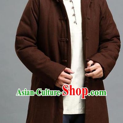 Traditional Top Chinese National Tang Suits Linen Costume, Martial Arts Kung Fu Front Opening Brown Hooded Coats, Chinese Kung fu Plate Buttons Jacket, Chinese Taichi Cotton-Padded Short Coats Wushu Clothing for Men