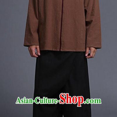 Traditional Top Chinese National Tang Suits Linen Costume, Martial Arts Kung Fu Stand Collar Long Sleeve Brown Overcoat, Chinese Kung fu Upper Outer Garment Blouse, Chinese Taichi Thin Shirts Wushu Clothing for Men