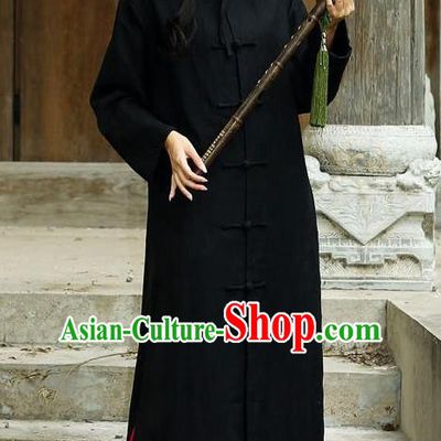Traditional Top Chinese National Tang Suits Linen Costume, Martial Arts Kung Fu Front Opening Black Hooded Coats, Chinese Kung fu Plate Buttons Dust Coats, Chinese Taichi Long Coats Wushu Clothing for Women