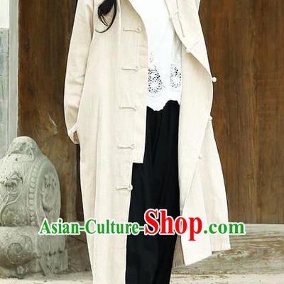 Traditional Top Chinese National Tang Suits Linen Costume, Martial Arts Kung Fu Front Opening Beige Hooded Coats, Chinese Kung fu Plate Buttons Dust Coats, Chinese Taichi Long Coats Wushu Clothing for Women