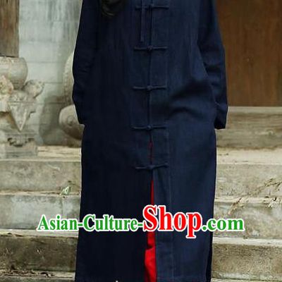Traditional Top Chinese National Tang Suits Linen Costume, Martial Arts Kung Fu Front Opening Navy Hooded Coats, Chinese Kung fu Plate Buttons Dust Coats, Chinese Taichi Long Coats Wushu Clothing for Women