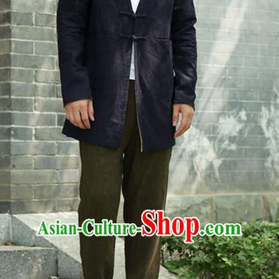 Traditional Top Chinese National Tang Suits Linen Costume, Martial Arts Kung Fu Plate Buttons Navy Overcoat, Chinese Kung fu Upper Outer Garment Dust Coat, Chinese Taichi Thin Short Cardigan Wushu Clothing for Men