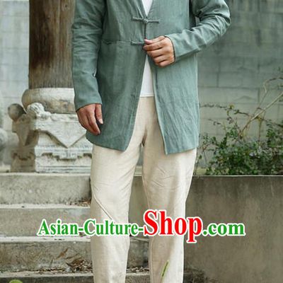 Traditional Top Chinese National Tang Suits Linen Costume, Martial Arts Kung Fu Plate Buttons Green Overcoat, Chinese Kung fu Upper Outer Garment Dust Coat, Chinese Taichi Thin Short Cardigan Wushu Clothing for Men