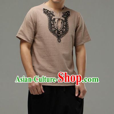 Traditional Top Chinese National Tang Suits Linen Costume, Martial Arts Kung Fu Embroidery Short Sleeve Light Brown T-Shirt, Chinese Kung fu Plate Buttons Upper Outer Garment Blouse, Chinese Taichi Thin Shirts Wushu Clothing for Men
