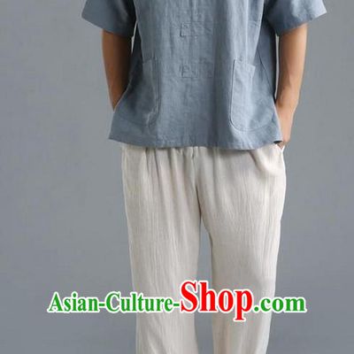 Traditional Top Chinese National Tang Suits Linen Costume, Martial Arts Kung Fu Short Sleeve Blue Shirt, Chinese Kung fu Upper Outer Garment Blouse, Chinese Taichi Thin Shirts Wushu Clothing for Men