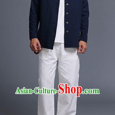 Traditional Top Chinese National Tang Suits Linen Costume, Martial Arts Kung Fu Long Sleeve Navy Overcoat, Chinese Kung fu Upper Outer Garment Jacket, Chinese Taichi Thin Short Cardigan Wushu Clothing for Men