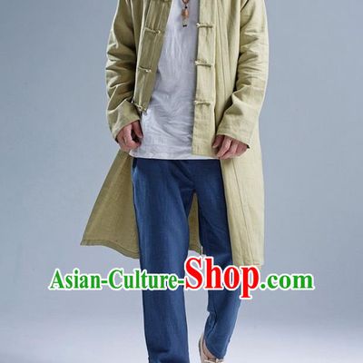Traditional Top Chinese National Tang Suits Linen Front Opening Costume, Martial Arts Kung Fu Green Coats, Chinese Kung fu Plate Buttons Upper Outer Garment Overcoat, Chinese Taichi Dust Coat Wushu Clothing for Men