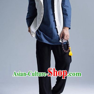 Traditional Top Chinese National Tang Suits Linen Front Opening Costume, Martial Arts Kung Fu White Hooded Vests, Kung fu Plate Buttons Upper Outer Garment Waistcoat, Chinese Taichi Vest Wushu Clothing for Men