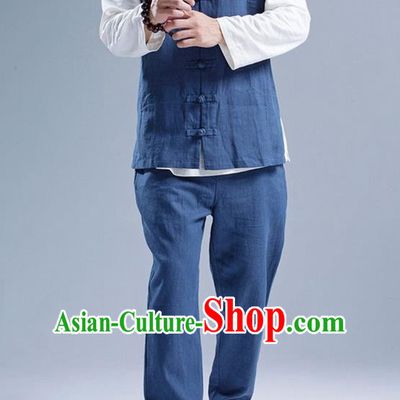 Traditional Top Chinese National Tang Suits Linen Front Opening Costume, Martial Arts Kung Fu Navy Hooded Vests, Kung fu Plate Buttons Upper Outer Garment Waistcoat, Chinese Taichi Vest Wushu Clothing for Men