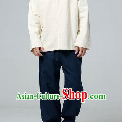 Traditional Top Chinese National Tang Suits Linen Costume, Martial Arts Kung Fu Stand Collar White T-Shirt, Chinese Kung fu Upper Outer Garment Blouse, Chinese Taichi Shirts Wushu Clothing for Men