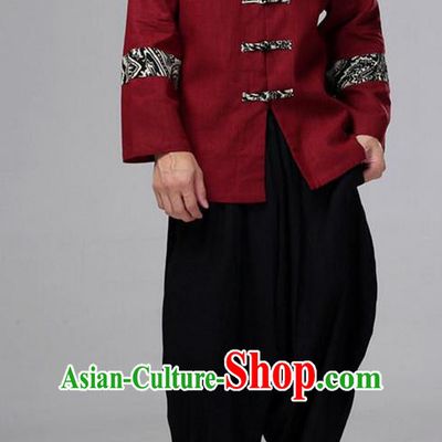 Traditional Top Chinese National Tang Suits Linen Front Opening Costume, Martial Arts Kung Fu Pattern Red Overcoat, Kung fu Plate Buttons Thin Upper Outer Garment Jacket, Chinese Taichi Thin Coats Wushu Clothing for Men