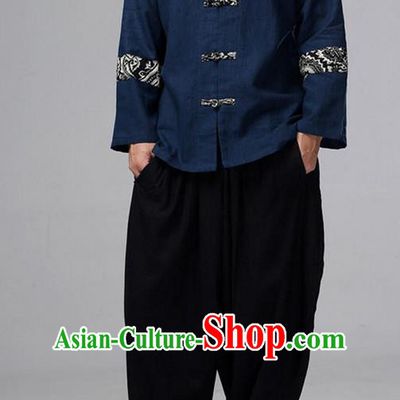 Traditional Top Chinese National Tang Suits Linen Front Opening Costume, Martial Arts Kung Fu Pattern Navy Overcoat, Kung fu Plate Buttons Thin Upper Outer Garment Jacket, Chinese Taichi Thin Coats Wushu Clothing for Men