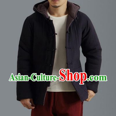 Traditional Top Chinese National Tang Suits Linen Front Opening Costume, Martial Arts Kung Fu Reversible Coffee-Navy Overcoat, Chinese Kung fu Plate Buttons Thin Upper Outer Garment Jacket, Chinese Taichi Thin Cotton-Padded Coats Wushu Clothing for Men