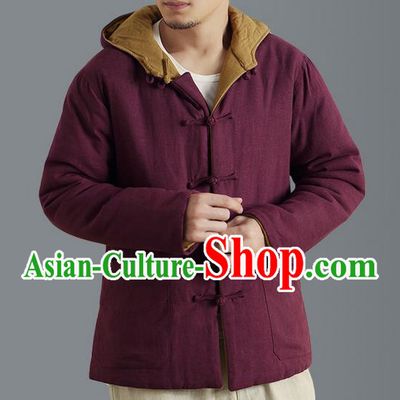 Traditional Top Chinese National Tang Suits Linen Front Opening Costume, Martial Arts Kung Fu Reversible Red-Ginger Overcoat, Chinese Kung fu Plate Buttons Thin Upper Outer Garment Jacket, Chinese Taichi Thin Cotton-Padded Coats Wushu Clothing for Men