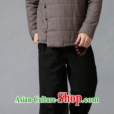 Traditional Top Chinese National Tang Suits Linen Slant Opening Costume, Martial Arts Kung Fu Brown Overcoat, Chinese Kung fu Plate Buttons Upper Outer Garment Jacket, Chinese Taichi Thin Cotton-Padded Coats Wushu Clothing for Men