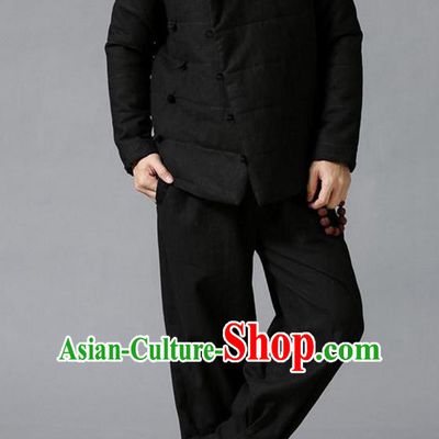 Traditional Top Chinese National Tang Suits Linen Slant Opening Costume, Martial Arts Kung Fu Black Overcoat, Chinese Kung fu Plate Buttons Upper Outer Garment Jacket, Chinese Taichi Thin Cotton-Padded Coats Wushu Clothing for Men