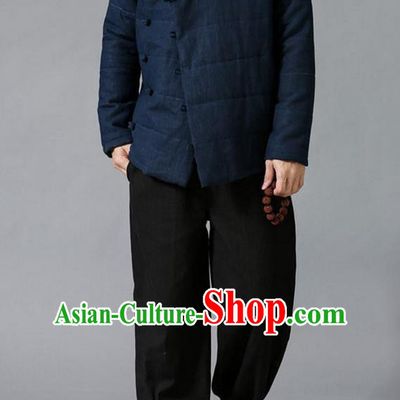 Traditional Top Chinese National Tang Suits Linen Slant Opening Costume, Martial Arts Kung Fu Navy Overcoat, Chinese Kung fu Plate Buttons Upper Outer Garment Jacket, Chinese Taichi Thin Cotton-Padded Coats Wushu Clothing for Men