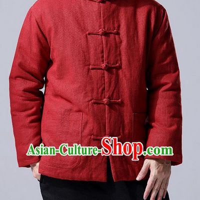 Traditional Top Chinese National Tang Suits Linen Front Opening Costume, Martial Arts Kung Fu Red Overcoat, Chinese Kung fu Plate Buttons Upper Outer Garment Jacket, Chinese Taichi Thin Cotton-Padded Coats Wushu Clothing for Men