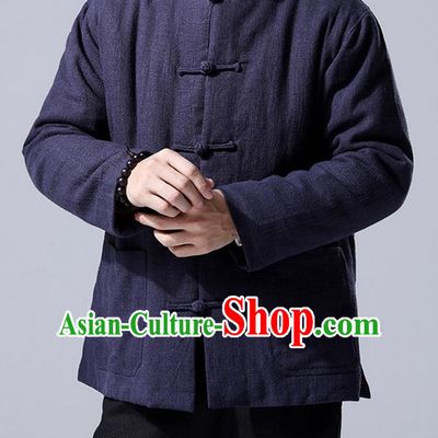 Traditional Top Chinese National Tang Suits Linen Front Opening Costume, Martial Arts Kung Fu Navy Overcoat, Chinese Kung fu Plate Buttons Upper Outer Garment Jacket, Chinese Taichi Thin Cotton-Padded Coats Wushu Clothing for Men