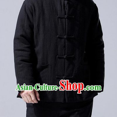 Traditional Top Chinese National Tang Suits Linen Front Opening Costume, Martial Arts Kung Fu Black Overcoat, Chinese Kung fu Plate Buttons Upper Outer Garment Jacket, Chinese Taichi Thin Cotton-Padded Coats Wushu Clothing for Men