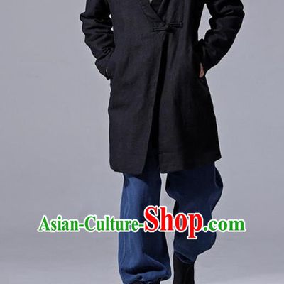 Traditional Top Chinese National Tang Suits Linen Slant Opening Costume, Martial Arts Kung Fu Black Overcoat, Chinese Kung fu Plate Buttons Thin Upper Outer Garment Jacket, Chinese Taichi Thin Dust Coats Wushu Clothing for Men