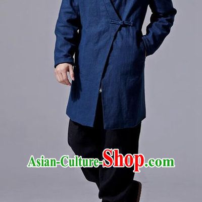 Traditional Top Chinese National Tang Suits Linen Slant Opening Costume, Martial Arts Kung Fu Navy Overcoat, Chinese Kung fu Plate Buttons Upper Outer Garment Jacket, Chinese Taichi Thin Dust Coats Wushu Clothing for Men
