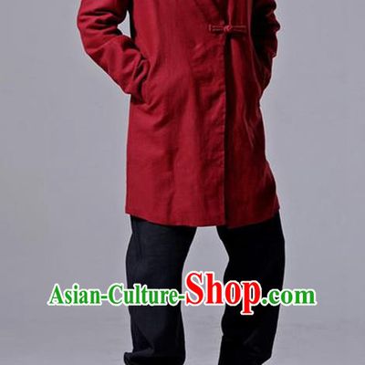 Traditional Top Chinese National Tang Suits Linen Slant Opening Costume, Martial Arts Kung Fu Red Overcoat, Chinese Kung fu Plate Buttons Upper Outer Garment Jacket, Chinese Taichi Thin Dust Coats Wushu Clothing for Men