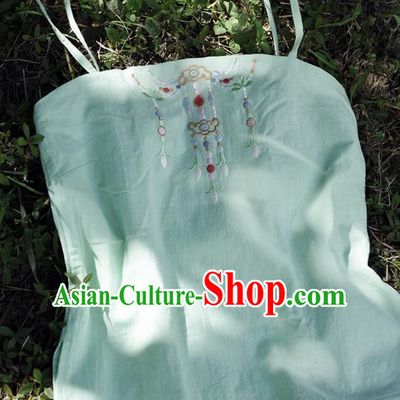 Traditional Ancient Chinese Costume Sun-Top, Elegant Hanfu Boob Tube Top Clothing Chinese Han Dynasty Embroidery Jasmine Blue Condole Belt for Women