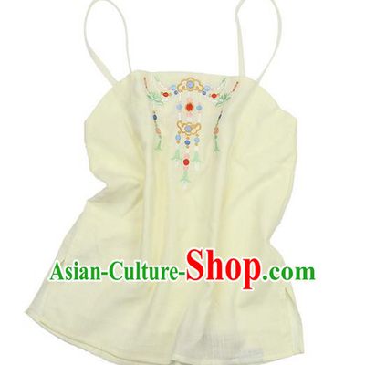 Traditional Ancient Chinese Costume Sun-Top, Elegant Hanfu Boob Tube Top Clothing Chinese Han Dynasty Embroidery Jasmine Light Yellow Condole Belt for Women