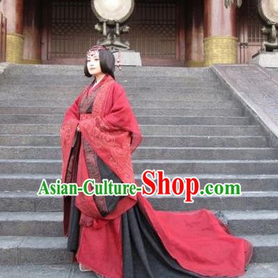 Traditional Ancient Chinese Imperial Empress Wedding Costume, Elegant Hanfu Red Dress Chinese Qin Dynasty Imperial Queen Elegant Tailing Embroidered Clothing for Women