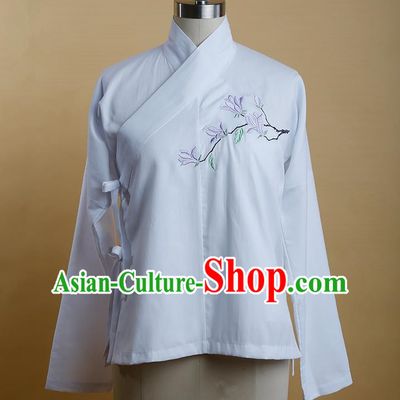 Traditional Ancient Chinese Female Costume, Elegant Hanfu Clothing Chinese Ming Dynasty Imperial Princess Embroidered Hibiscus Rosa-Sinensis White Blouse for Women