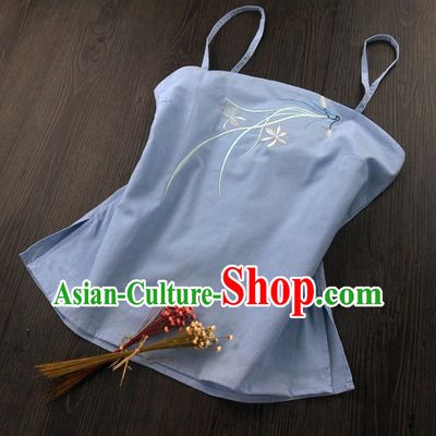Traditional Ancient Chinese Costume Sun-Top, Elegant Hanfu Boob Tube Top Clothing Chinese Han Dynasty Embroidery Chlorophytum comosum Skyblue Condole Belt for Women