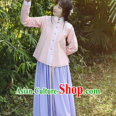 Traditional Ancient Chinese Female Costume Dress and Blouse Complete Set, Elegant Hanfu Clothing Chinese Ming Dynasty Palace Lady Embroidered Paeonia Lactiflora Clothing for Women